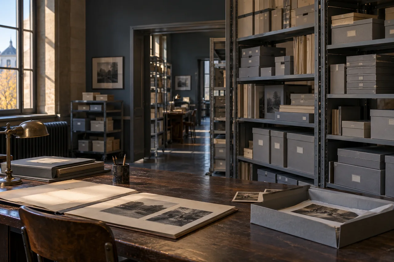 Boîtes et dossiers dans une réserve d’archives photographiques. Scène illustrative.