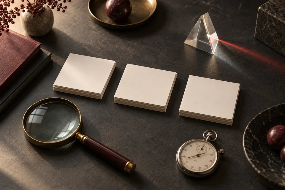 Table de mesure avec fiches, loupe, chronomètre et prisme. Scène illustrative.