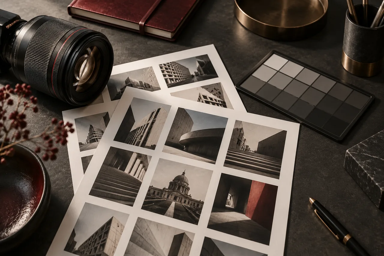 Objectif et planches de photographies. Scène illustrative.