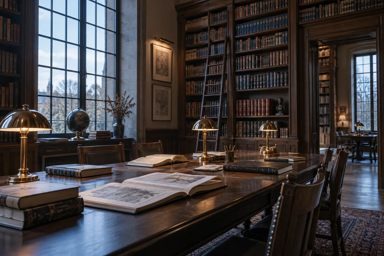 Salle de lecture et bibliothèque de recherche. Scène illustrative.