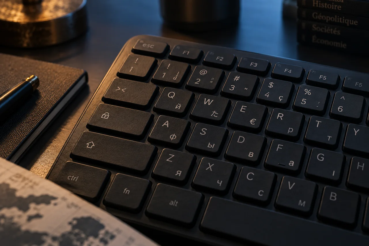 Clavier multilingue sur un bureau de recherche. Scène illustrative.