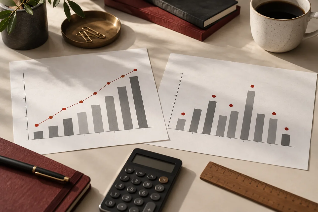 Deux graphiques, règle et calculatrice. Scène illustrative.