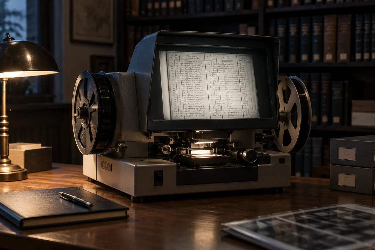 Lecteur de microfilm dans un espace documentaire. Scène illustrative.