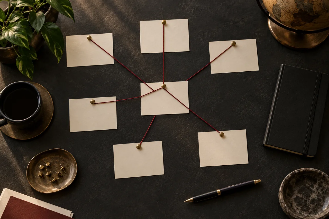 Tableau de cartes reliées par des fils. Scène illustrative.