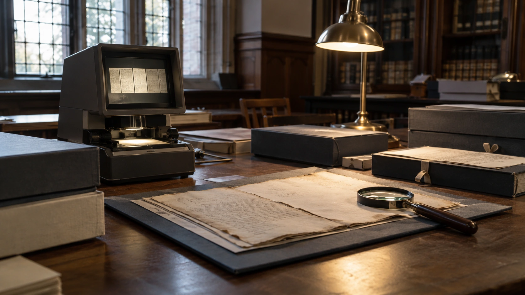 Consultation d’archives avec lecteur de microfilm et documents anciens.