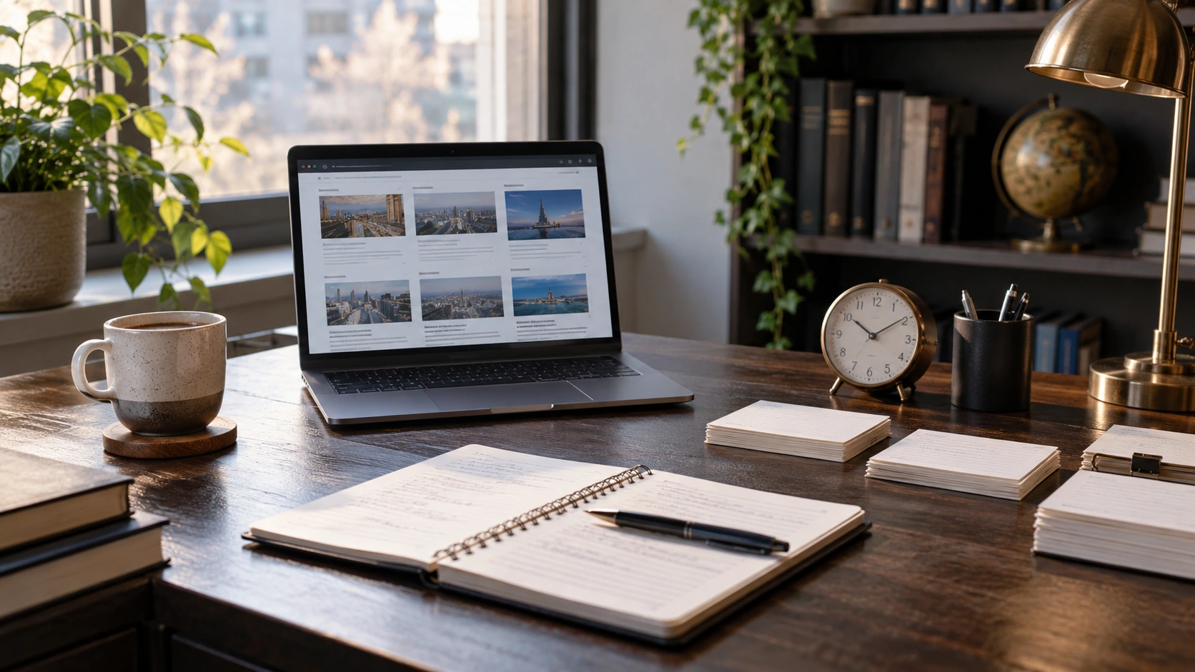 Bureau de veille documentaire avec carnet, horloge et ressources à consulter.