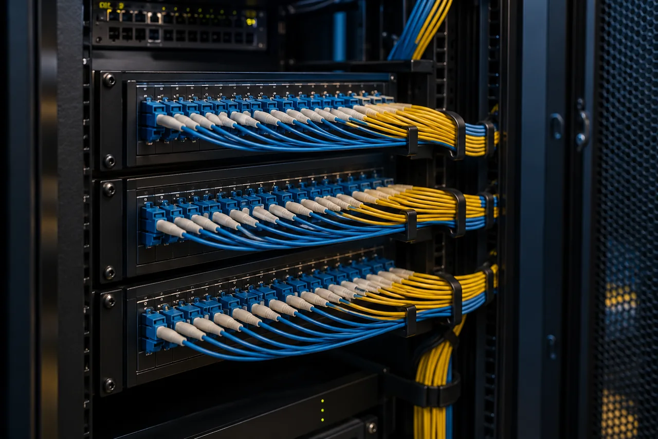 Panneau de brassage et connexions en fibre optique. Scène illustrative.