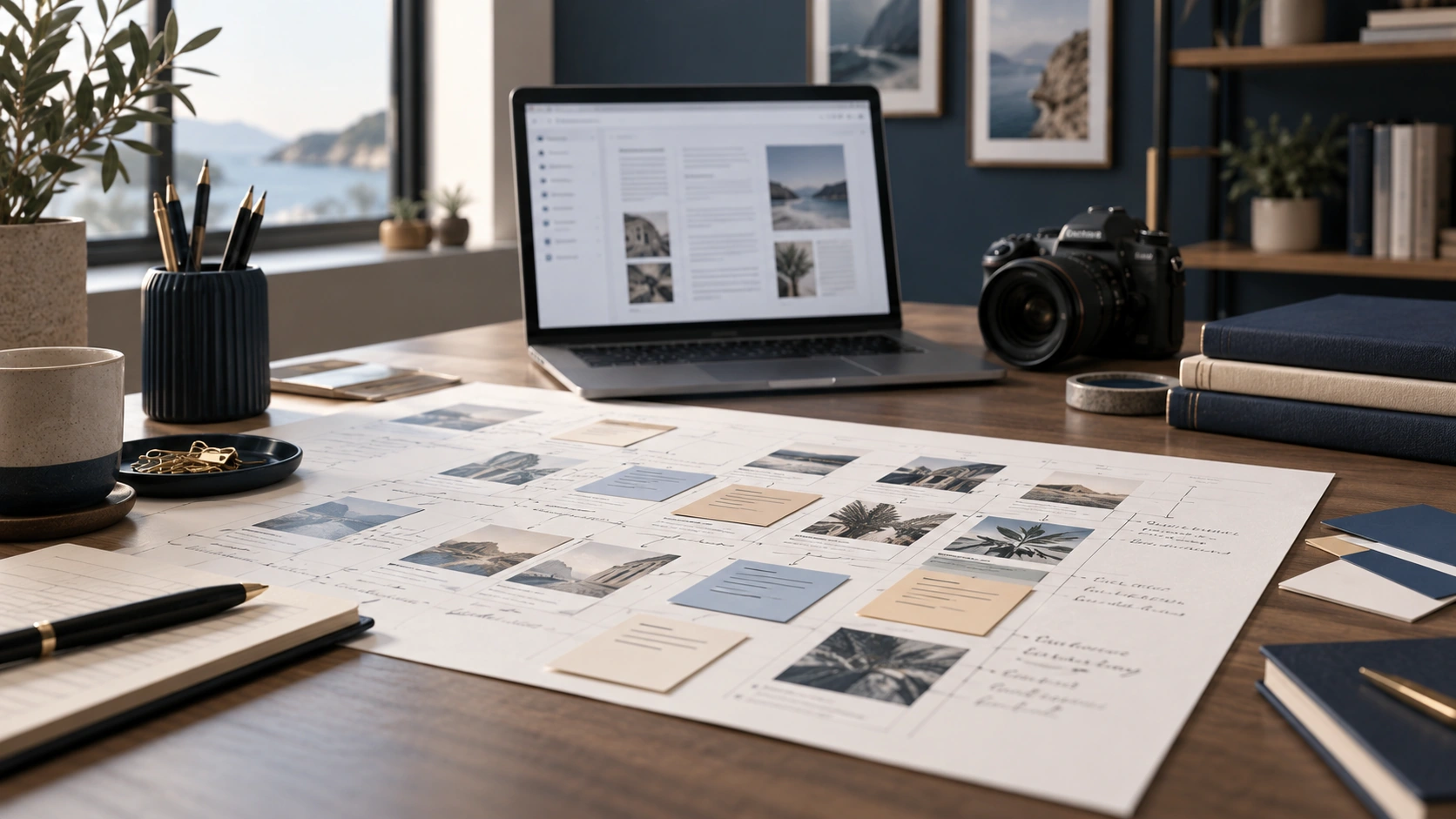 Editorial preparation table with publication plan and creative equipment.