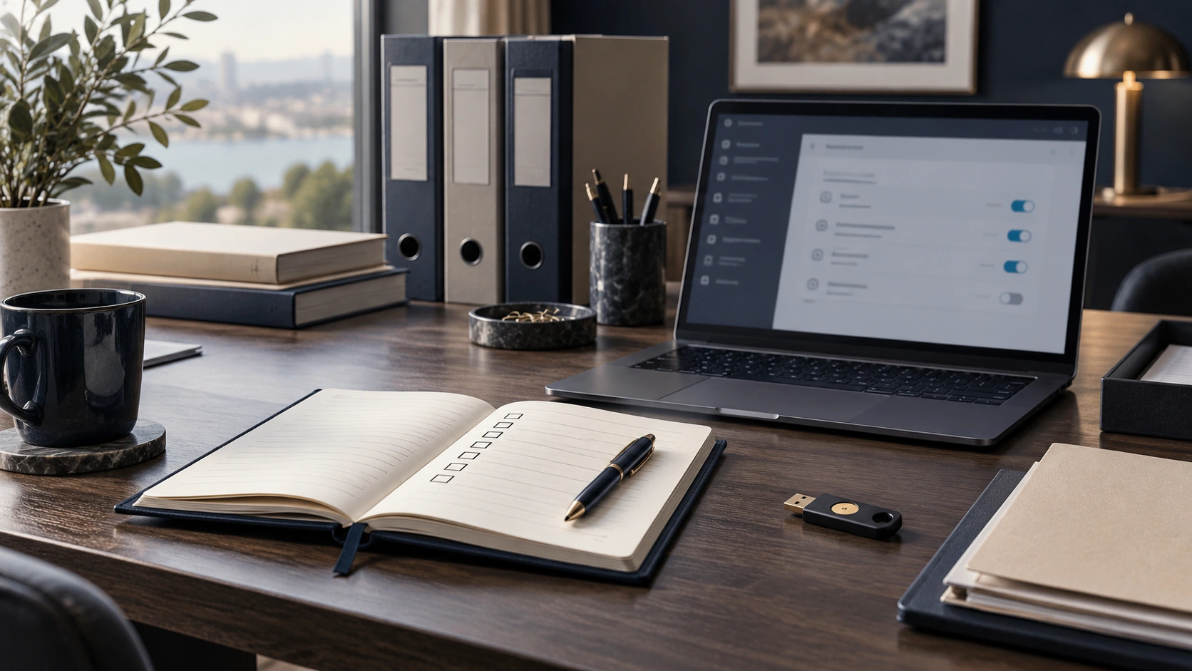 Review workspace with checklist notebook, files and security key.