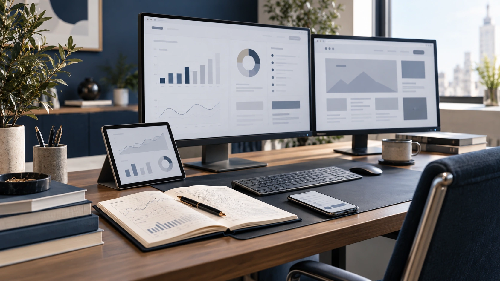 Poste d’analyse avec graphiques, tablette et téléphone.