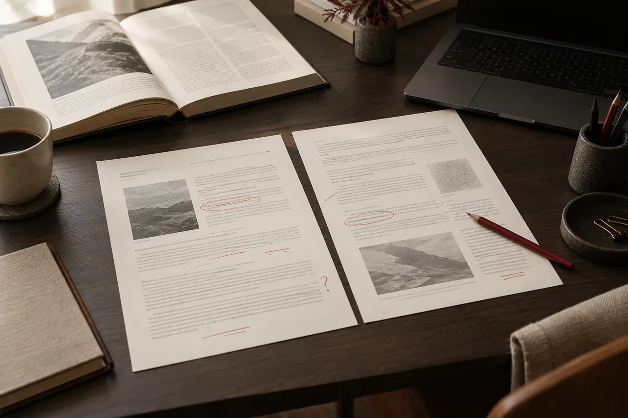 Deux documents comparés sur un bureau de recherche. Scène illustrative.