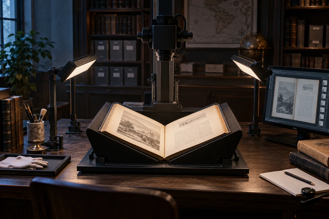 Poste de numérisation de livres et de documents. Scène illustrative.