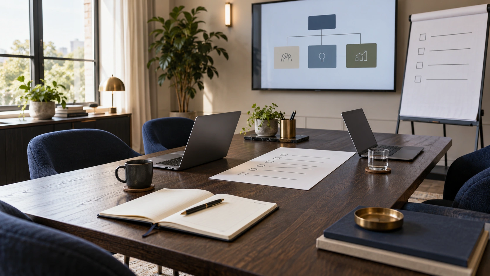 Salle de travail avec ordinateurs, carnet et support d’atelier.