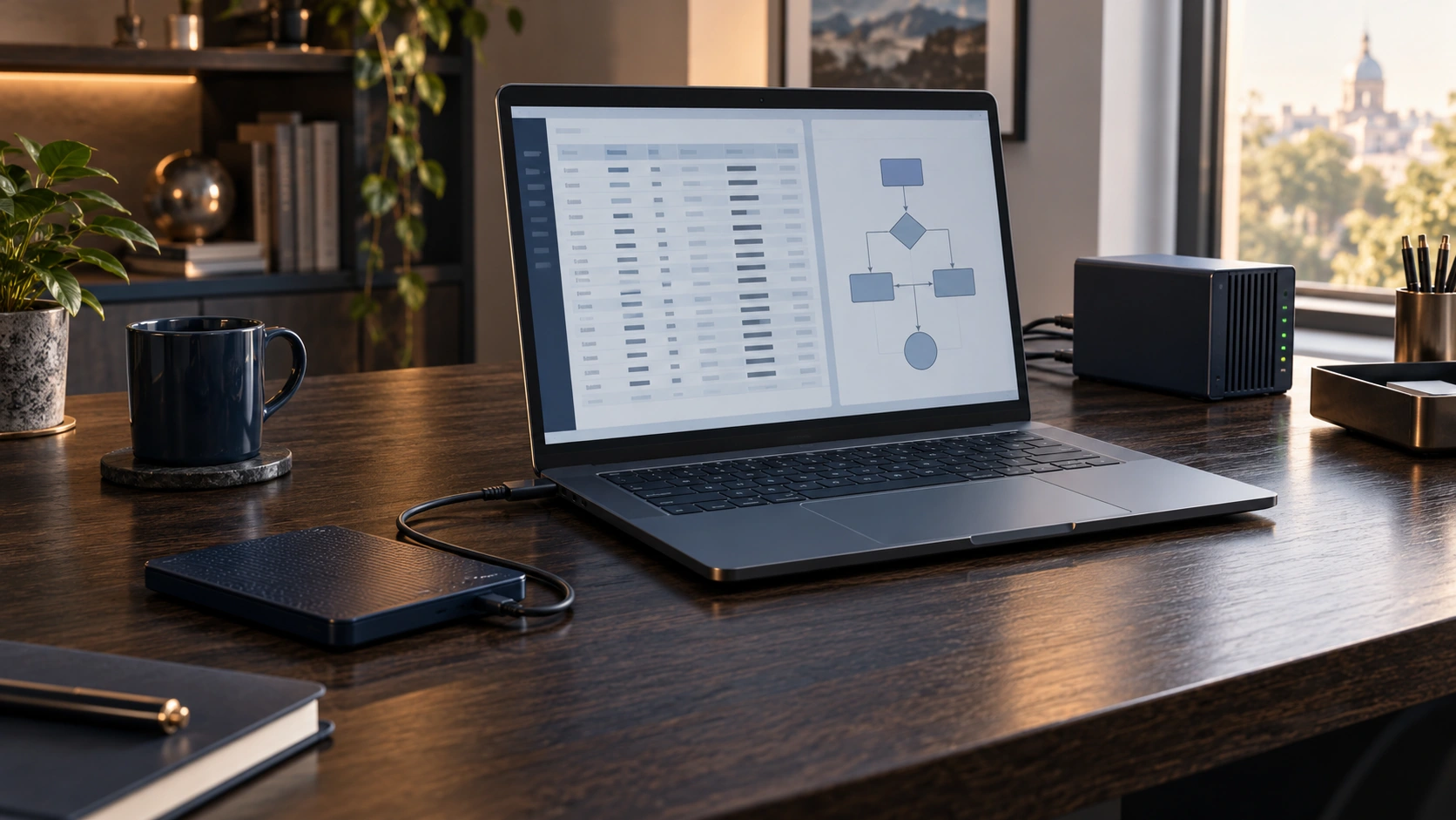 Data processing workstation with a computer and backup drive.