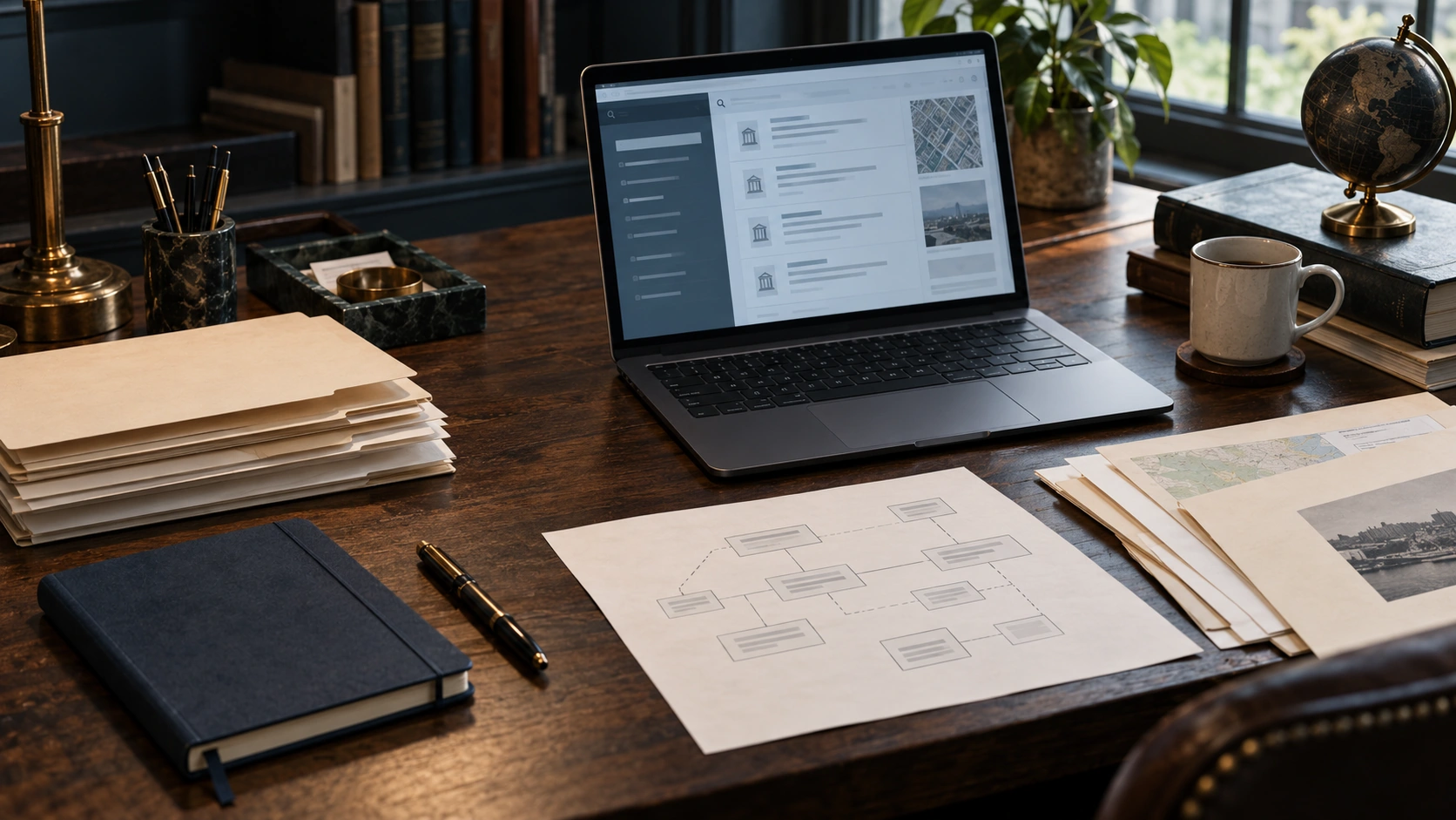 Documentary research desk with files and a relationship sketch.