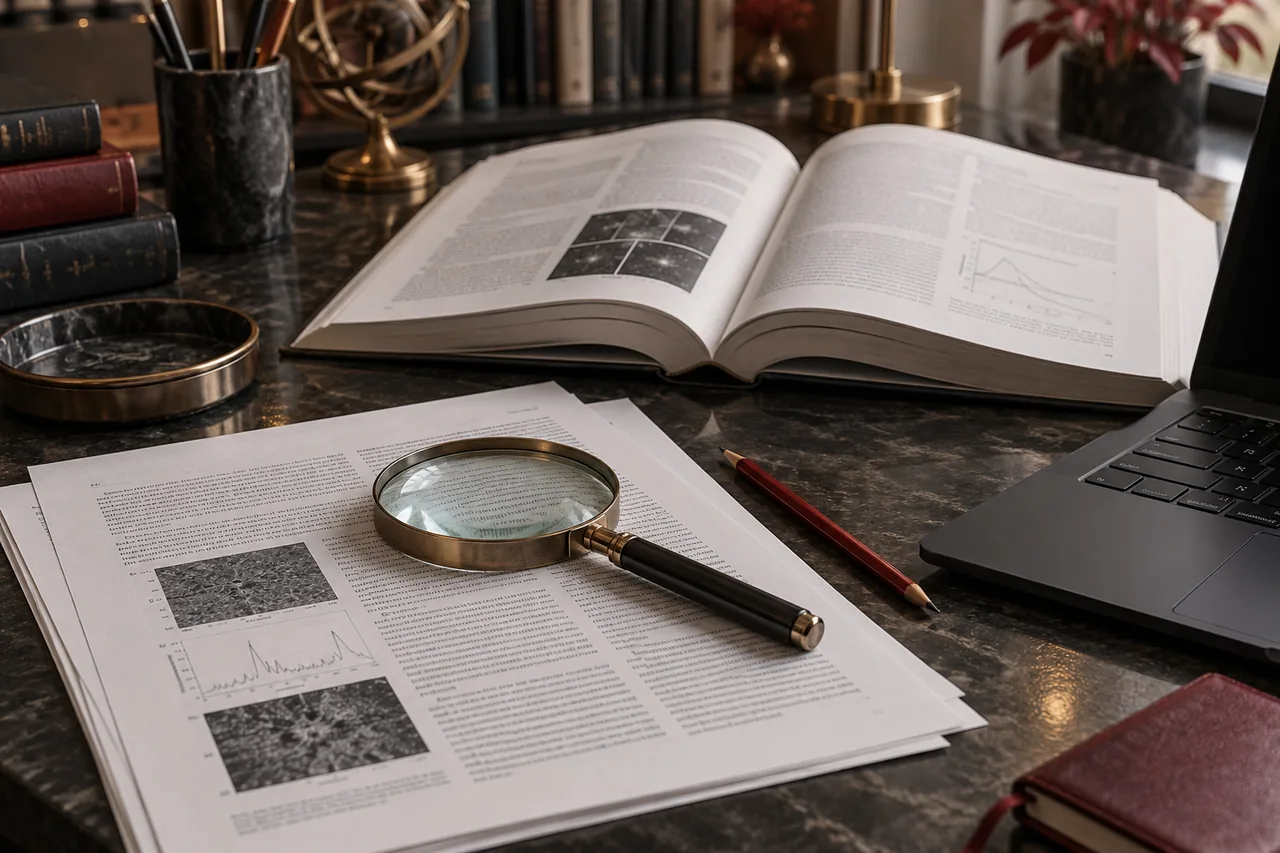 Article scientifique et loupe de lecture. Scène illustrative.