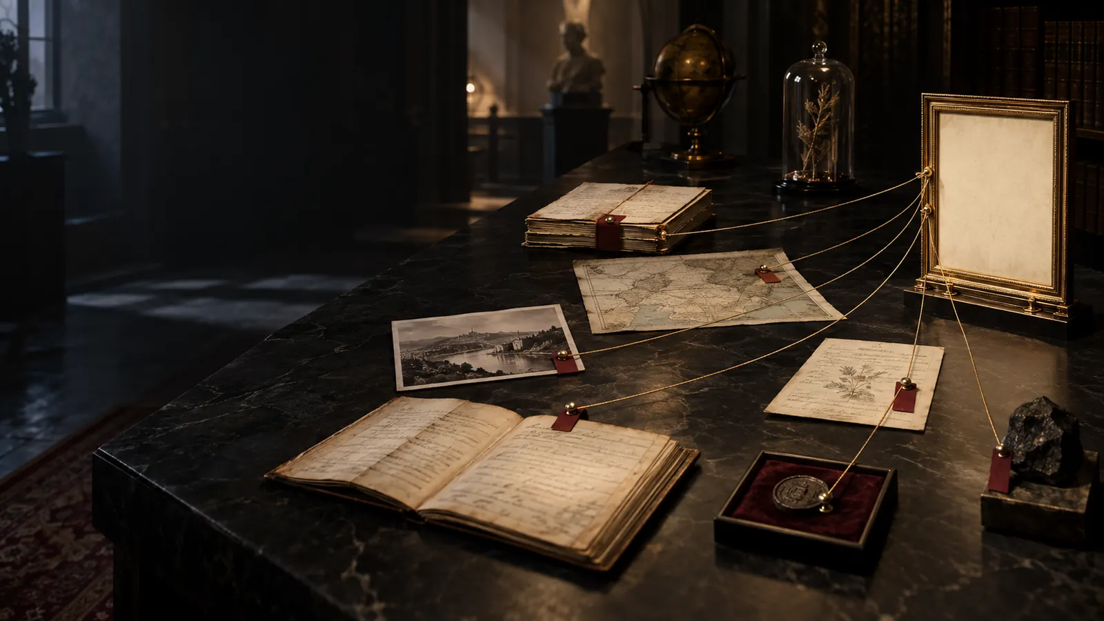Documents, carte et photographie reliés à une conclusion par des fils de traçabilité dans une salle d’archives