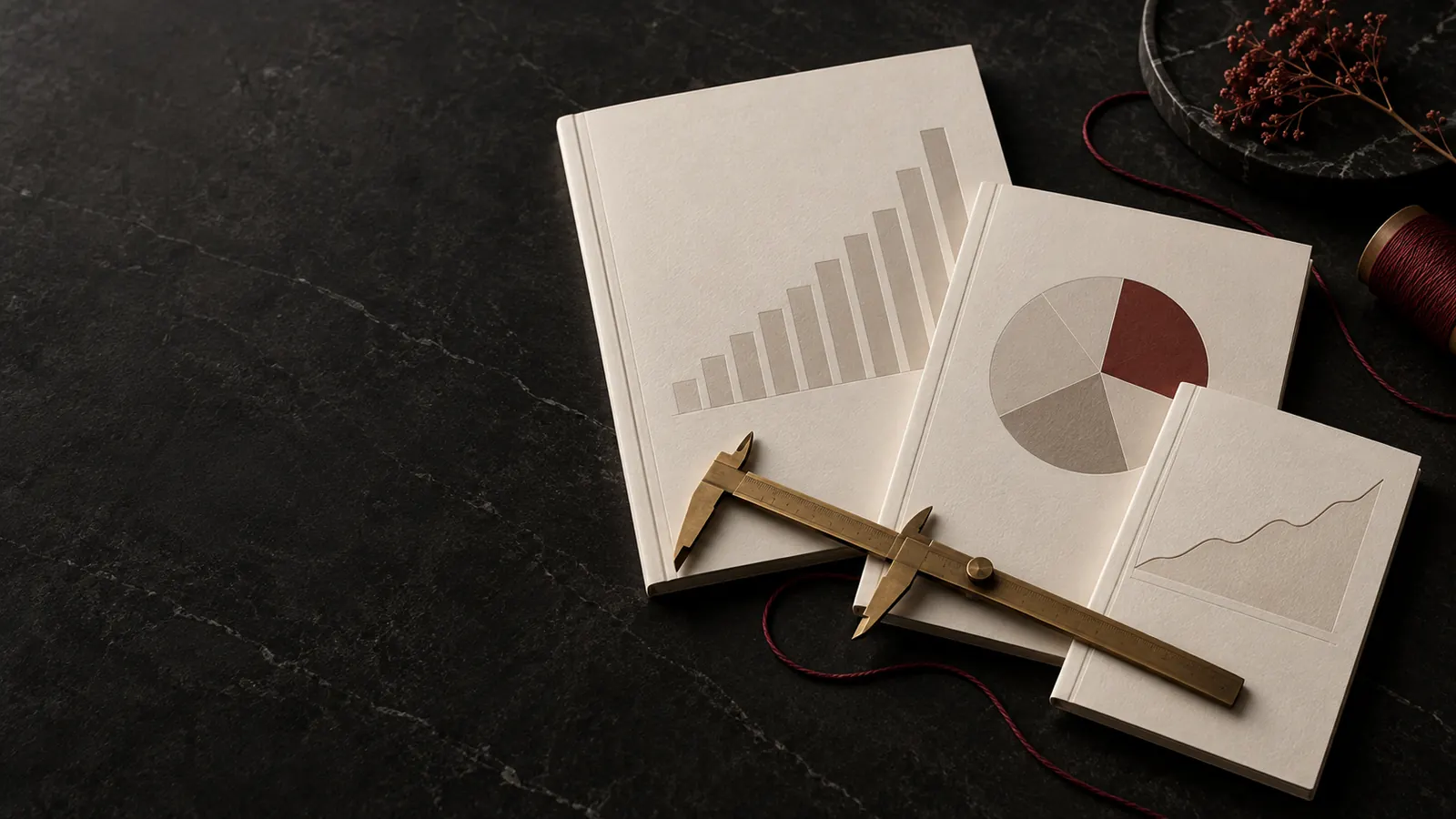 Rapports statistiques et outil de mesure en laiton sur une table sombre