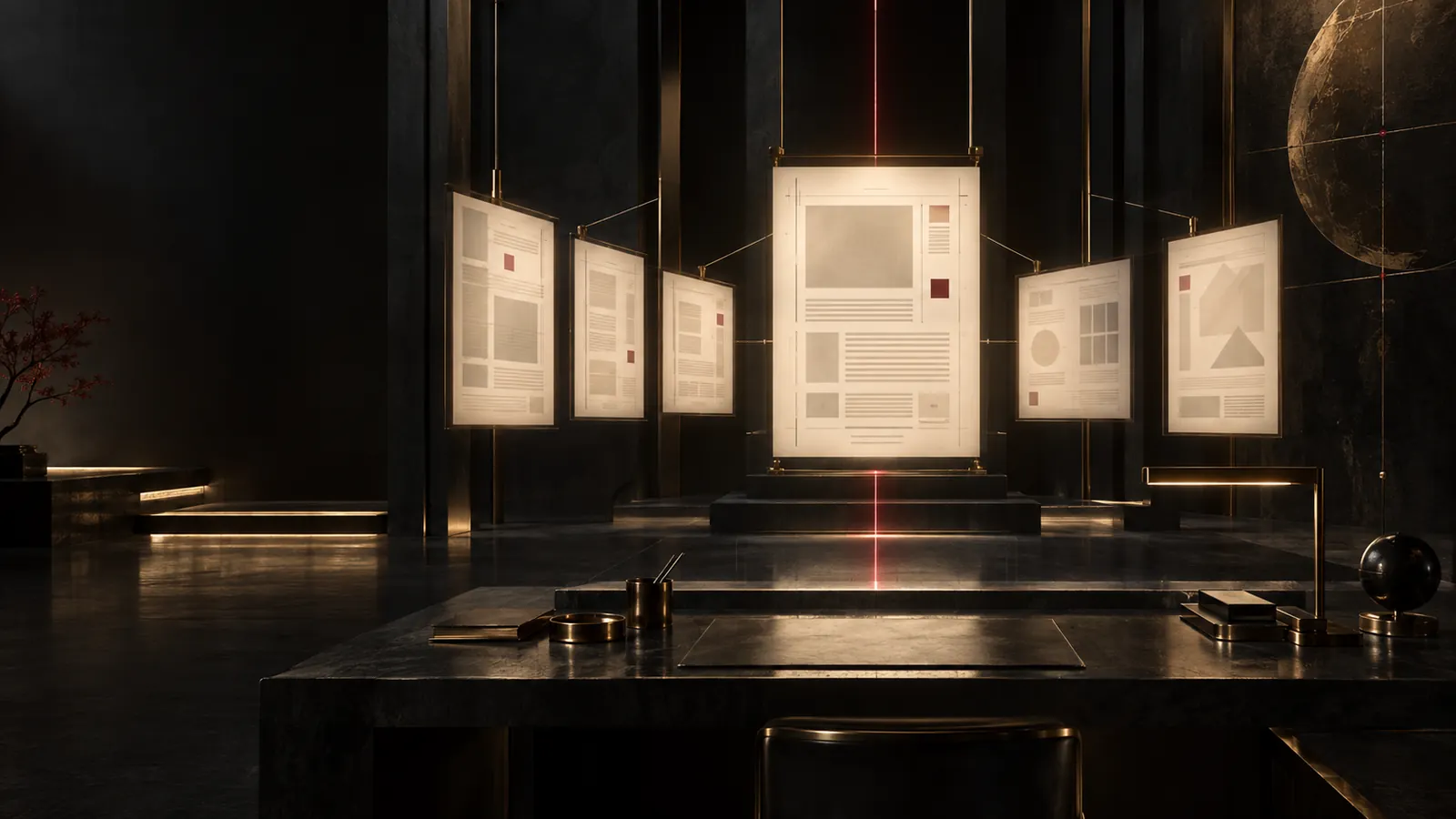 Six illuminated editorial pages converge on a reference version in a dark studio