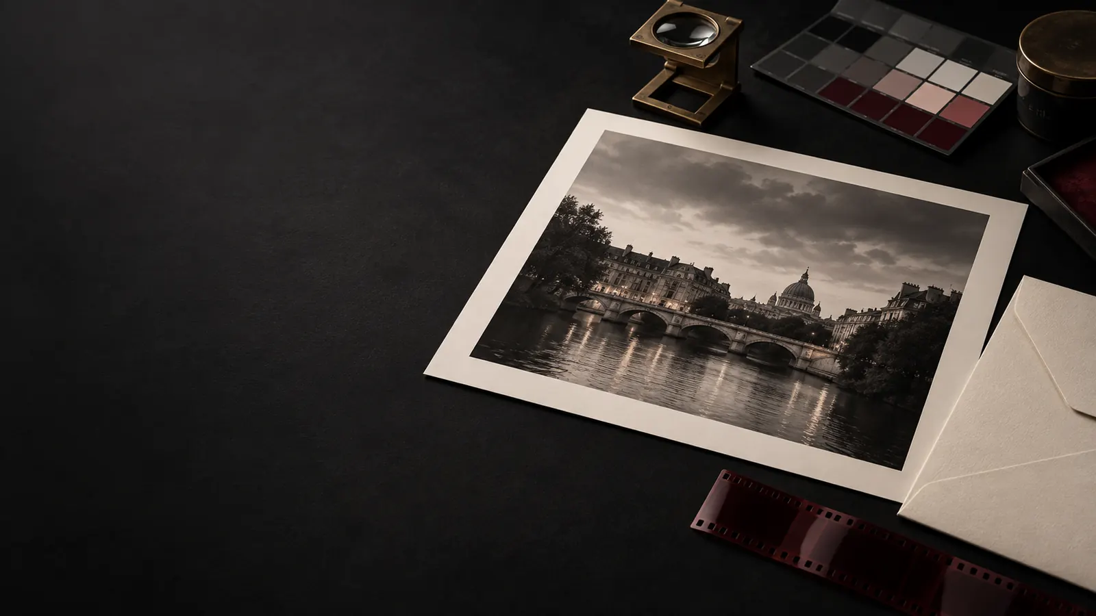 Tirage photographique, nuancier et documents d’archive sur une table sombre